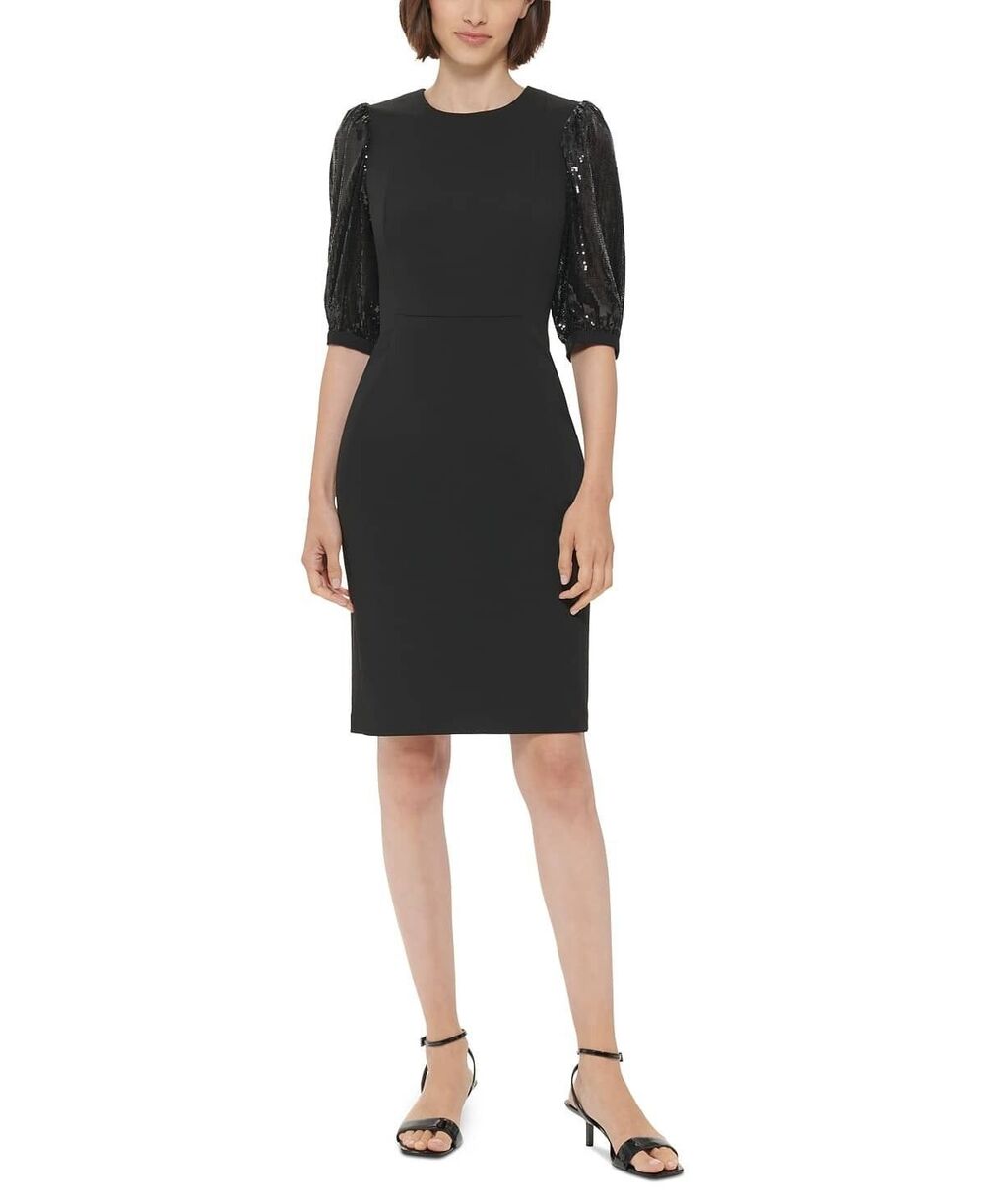 Calvin Klein Dress 12 Black Sequin Puff Sleeve Cocktail Sheath Midi
